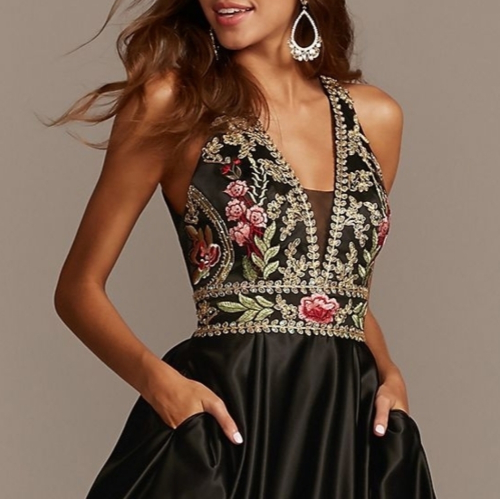 NEW-Gorgeous black satin gown, red gold embroidery